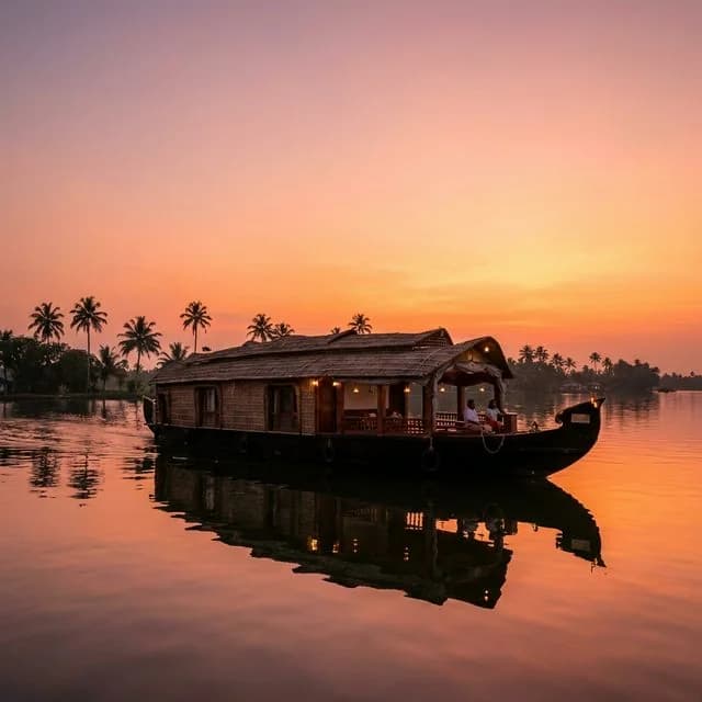 AGT houseboat moored on the Alleppey backwaters at sunset with lamps lit on the deck
